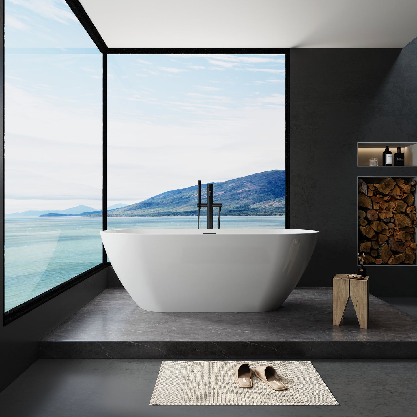 Sleek White Freestanding Soaking Tub with Chrome Accents