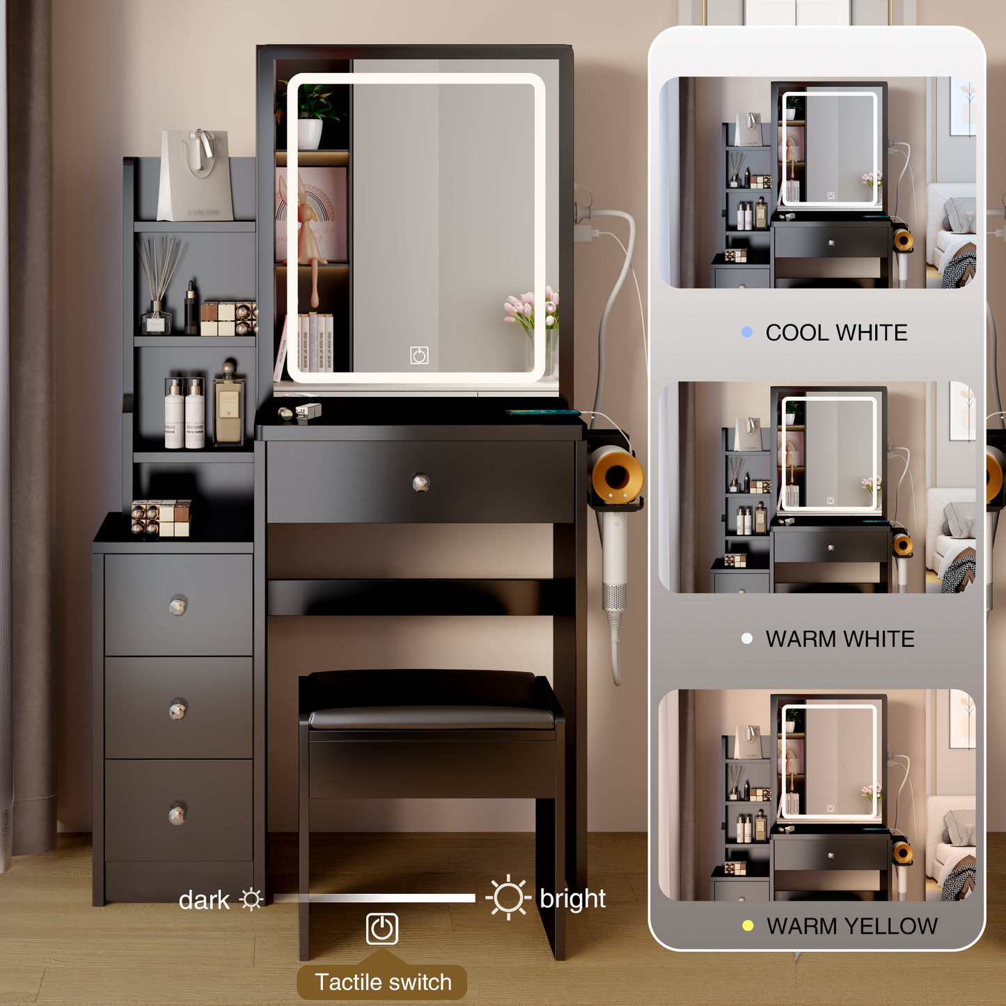 Chic Bedside Vanity with LED Mirror & Power Station