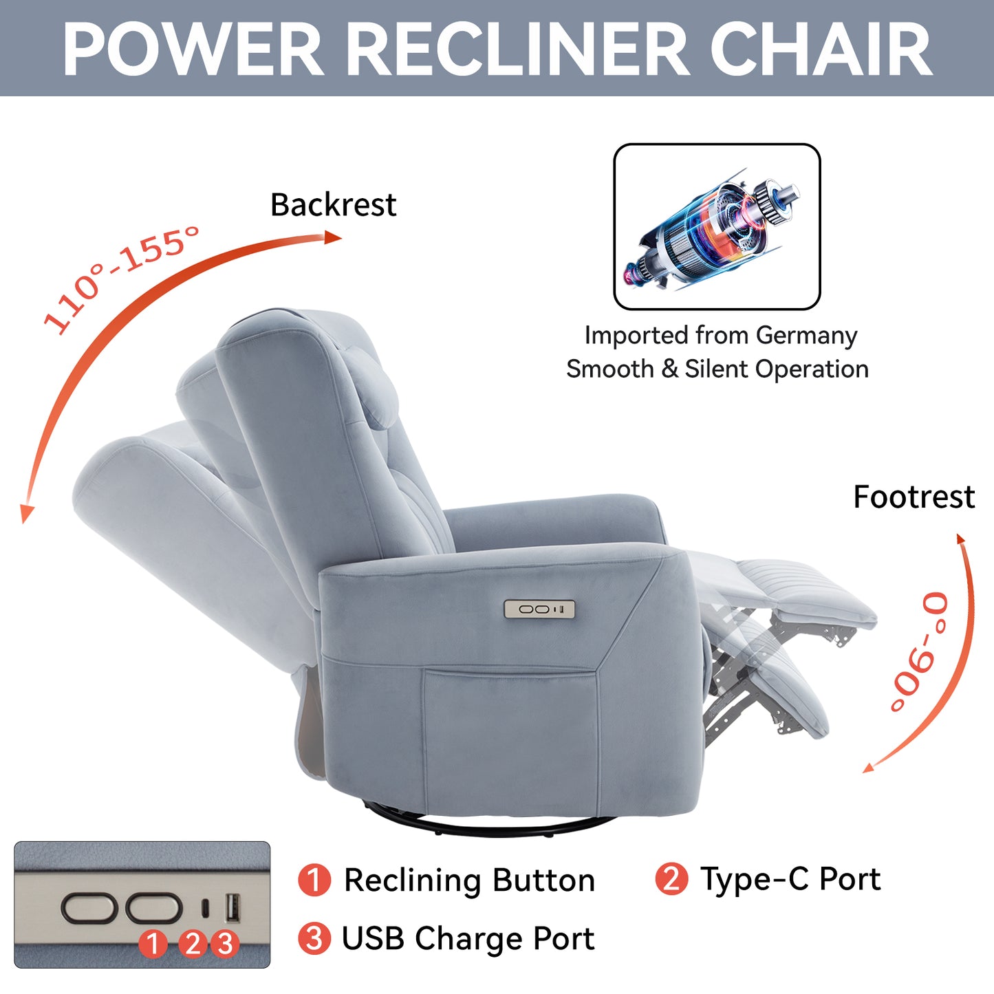 Cozy Power Recliner with Support Pillows and USB Ports