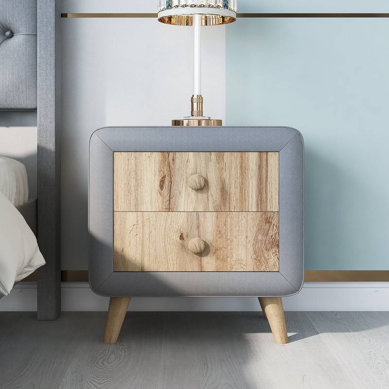Gray Upholstered Nightstand with Drawers