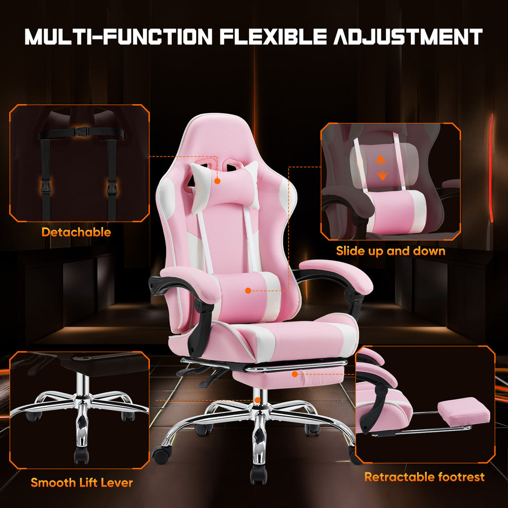 Comfy Gamer Chair with Footrest and Lumbar Support - Pink Ergonomic Recliner