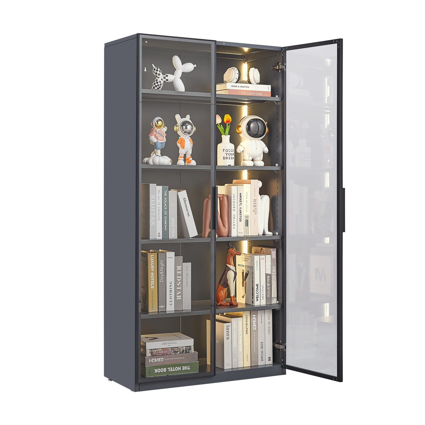 Stylish Double Door Glass Display Cabinet with LED Lights