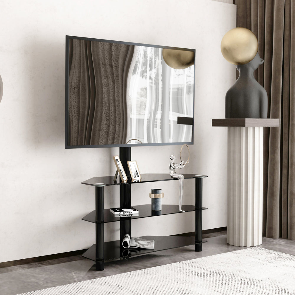 Versatile Black TV Stand with Adjustable Height and Swivel Design