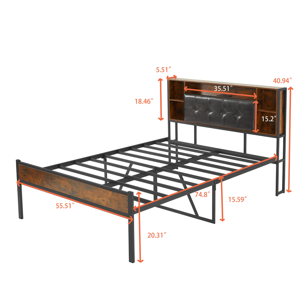 Rustic Brown Storage Bed with Charging Headboard