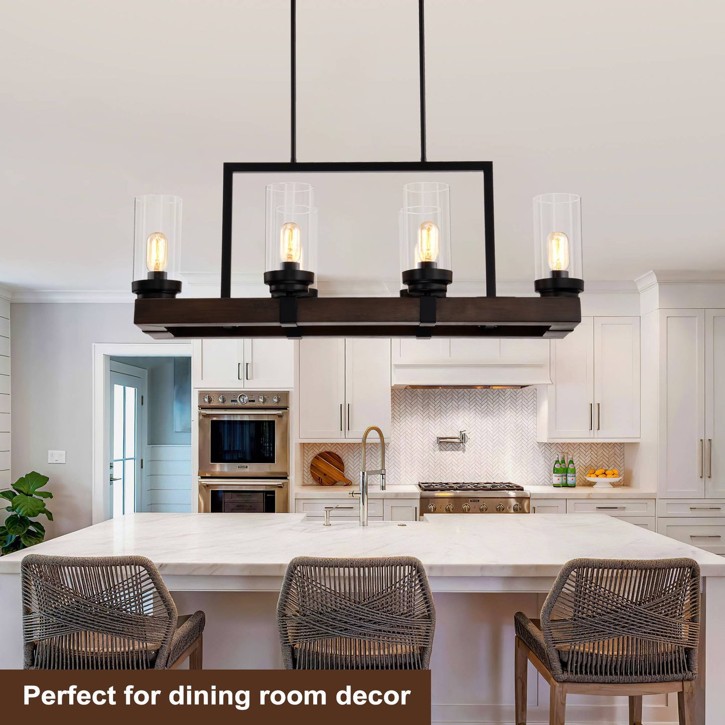 Modern Matte Black & Wood Chandelier - Adjustable 6-Light Pendant