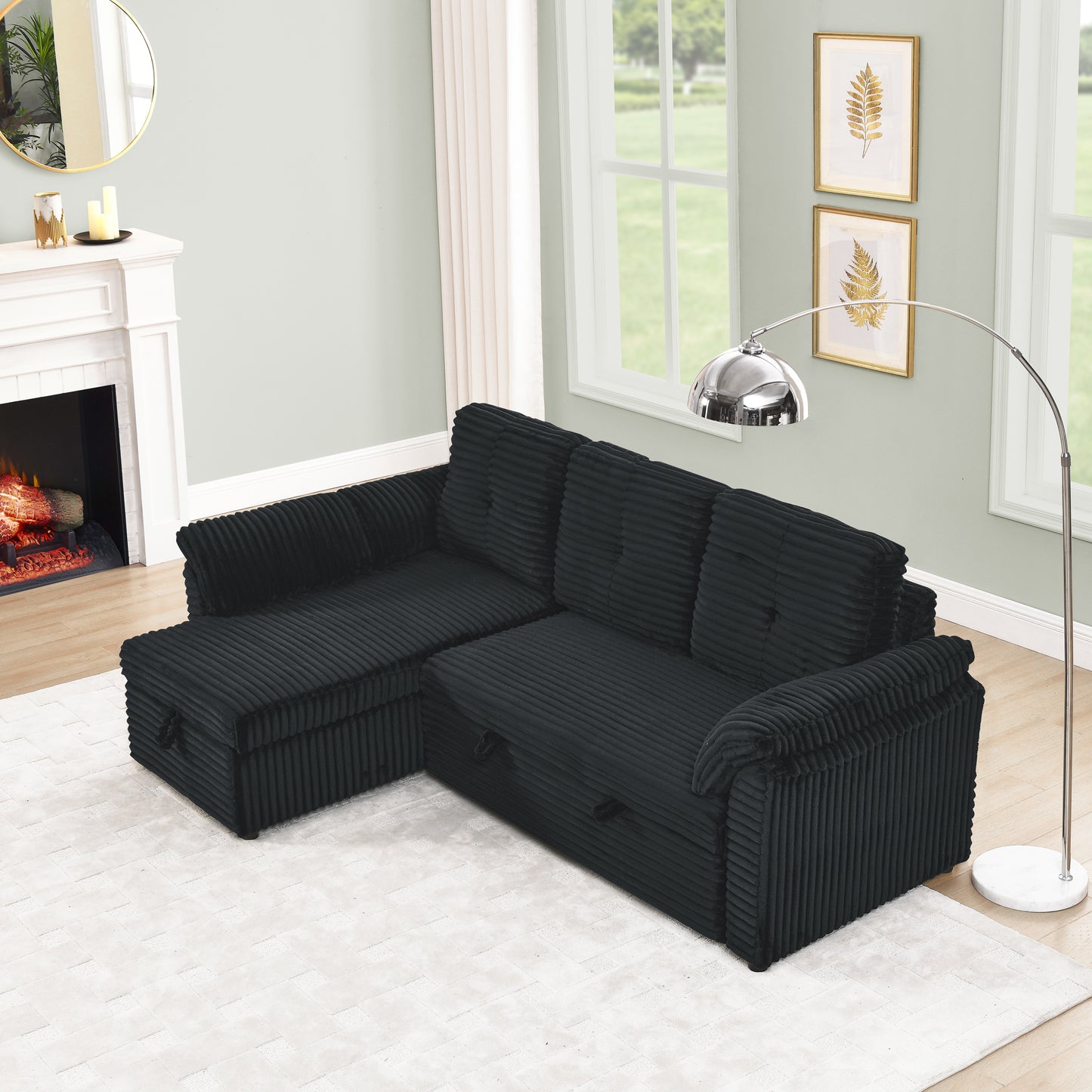 Chic Convertible Corduroy Sleeper Sofa with Storage Chaise