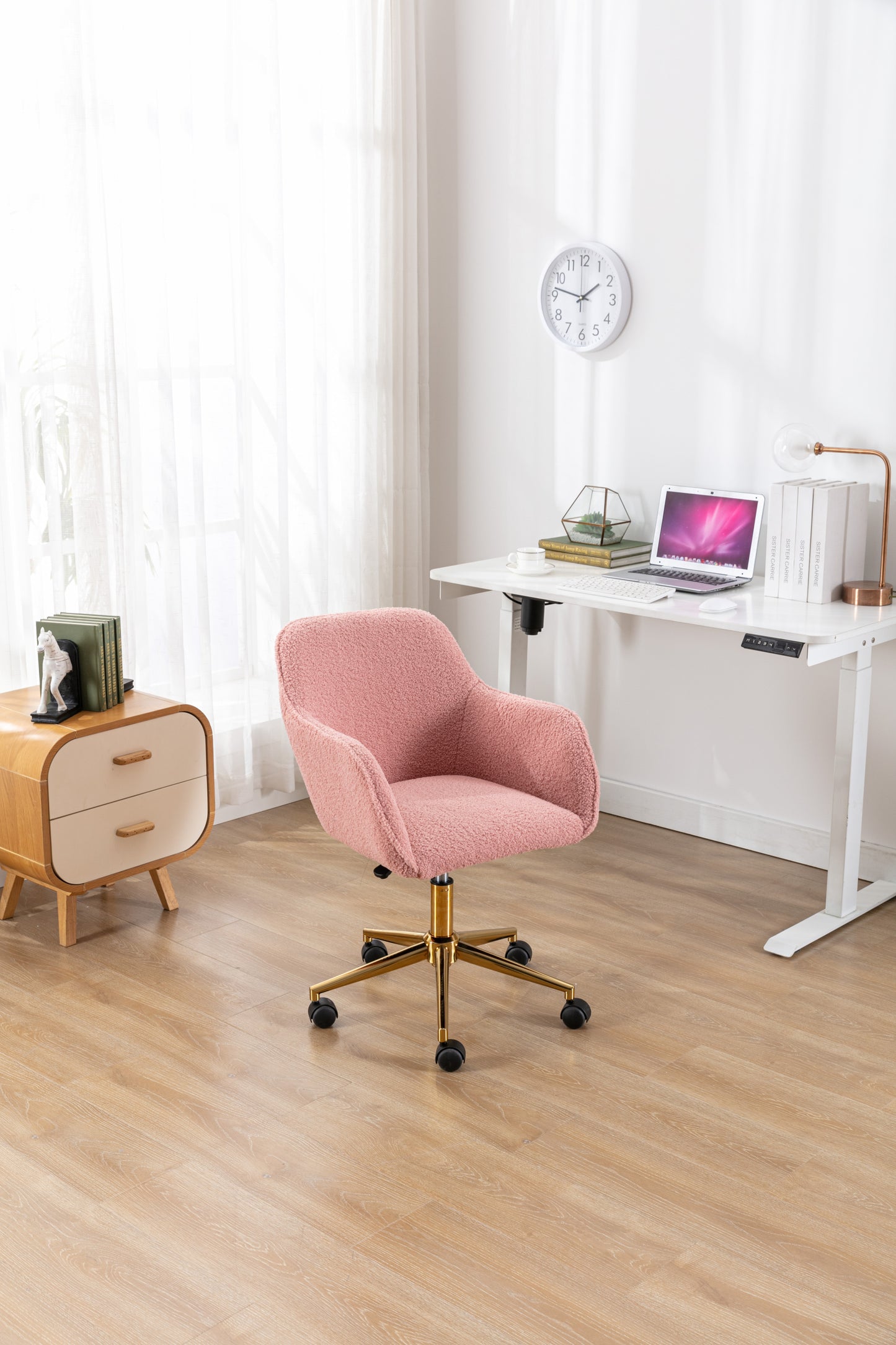 Chic Pink Teddy Swivel Chair with Gold Legs