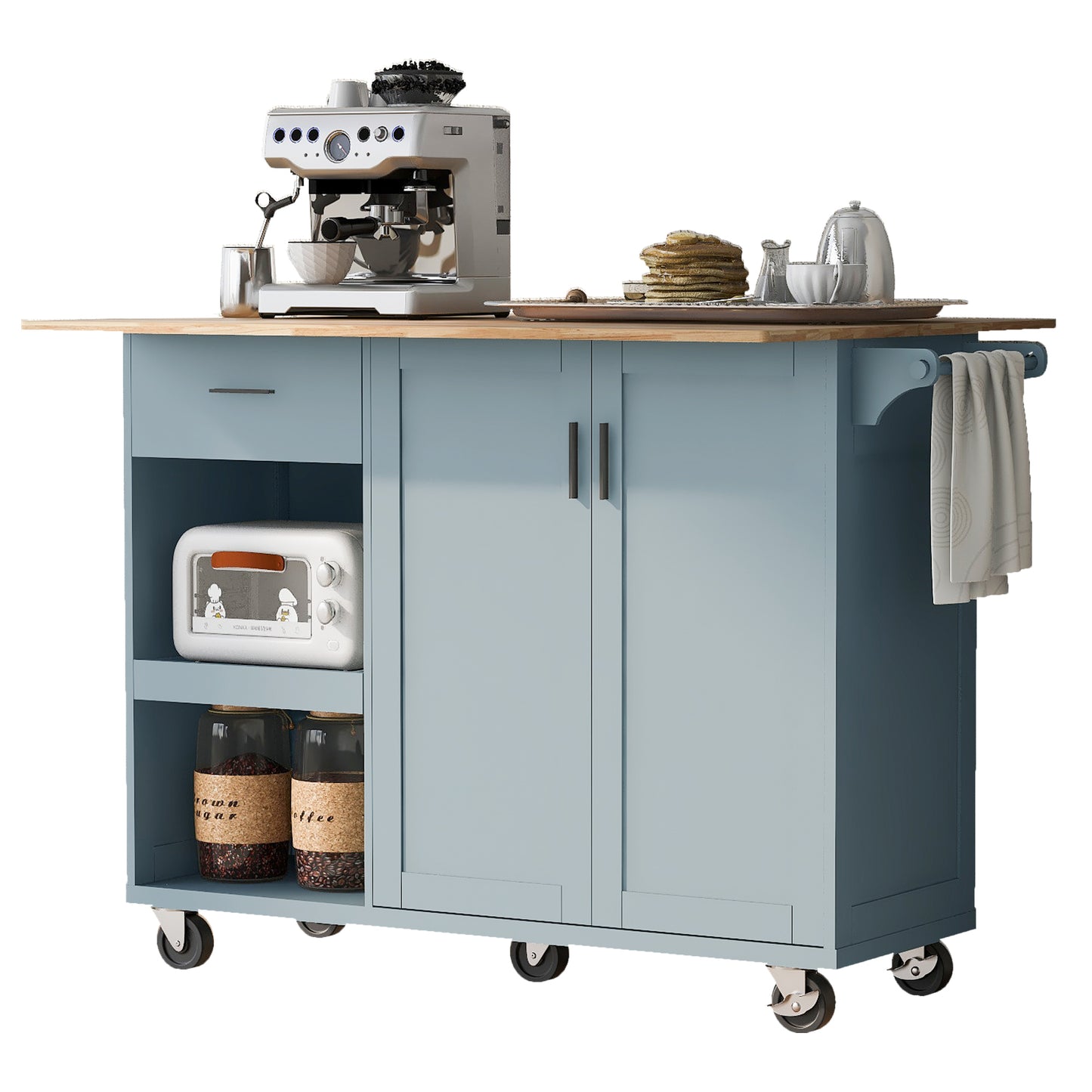 Rolling Kitchen Island with Foldable Top and Storage