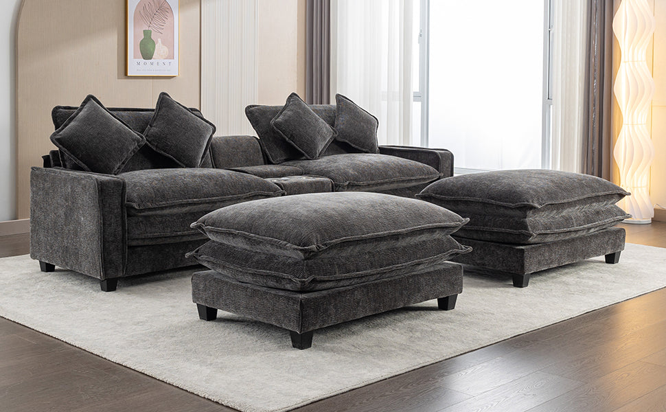 Cozy Black Chenille Sectional Sofa with Ottomans and USB Ports