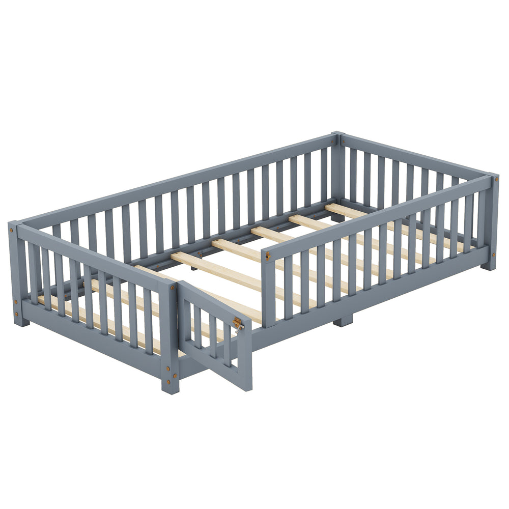 Cozy Kids' Twin Floor Bed with Safety Rails and Door - Gray