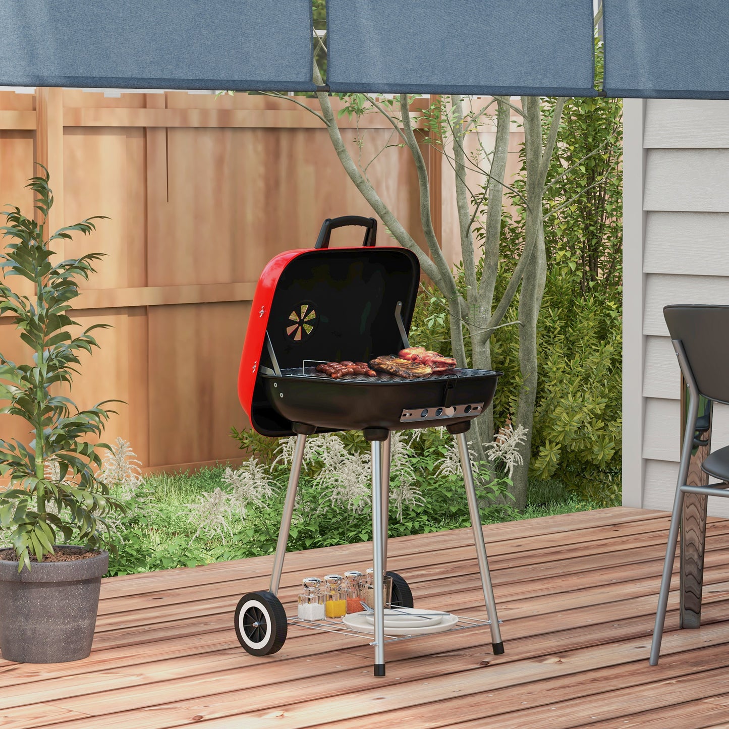 Outsunny Portable Charcoal BBQ Grill & Smoker with Wheels