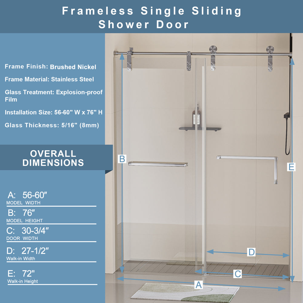 Sleek Sliding Frameless Shower Door with Tempered Glass and Brushed Nickel Hardware