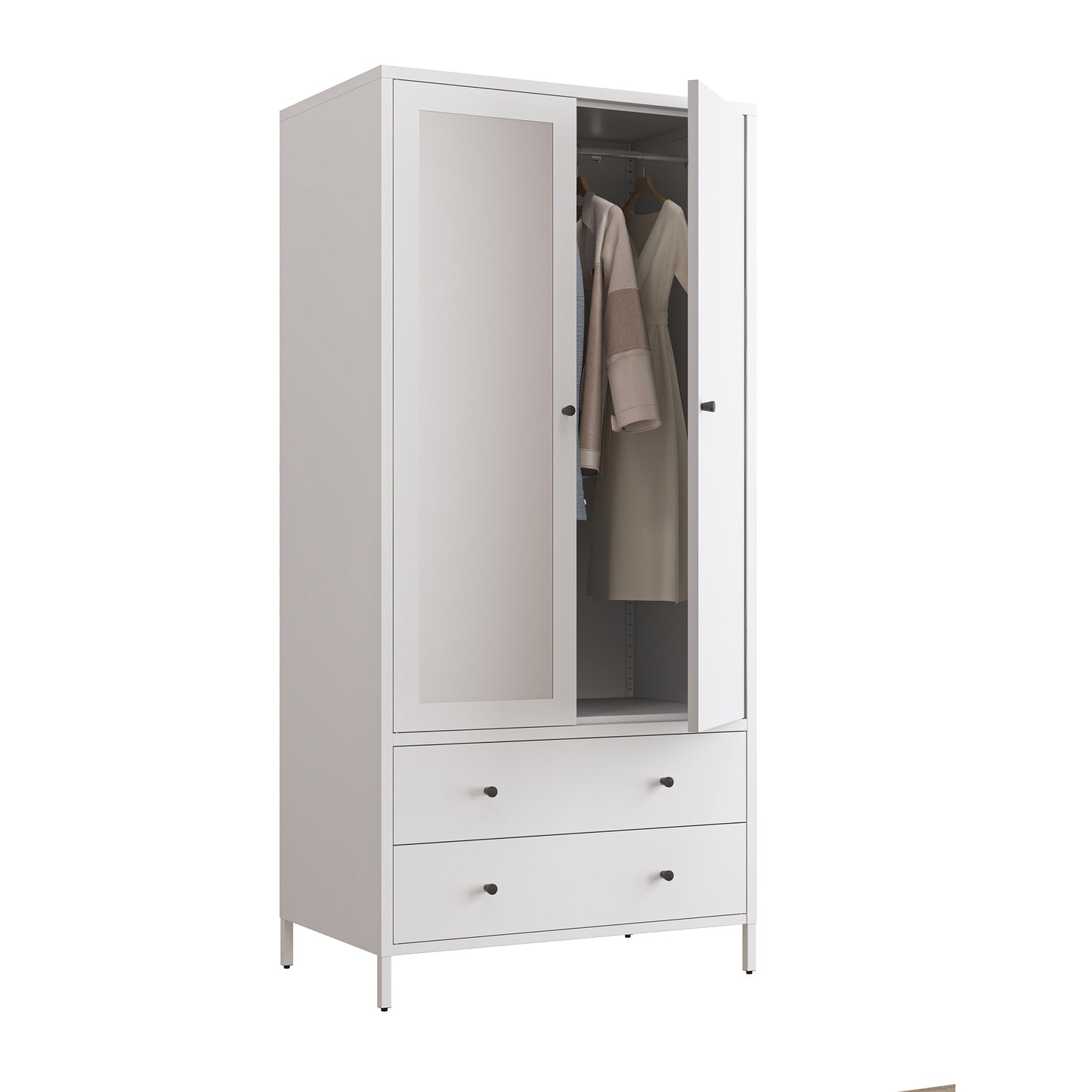 Chic White Metal Wardrobe with Mirror and Drawers