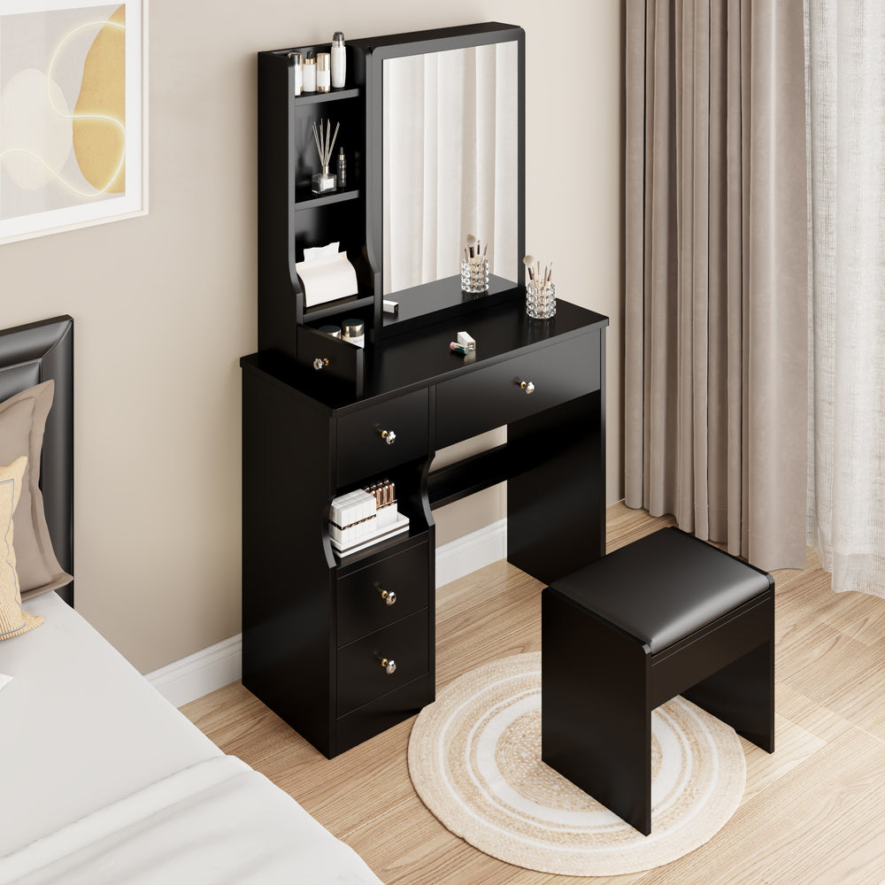 Chic Compact Vanity Set with Cushioned Stool & Sliding Mirror