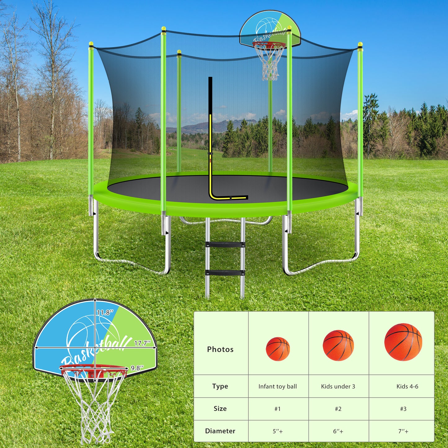 Jump & Play Trampoline with Safety Net, Hoop & Ladder