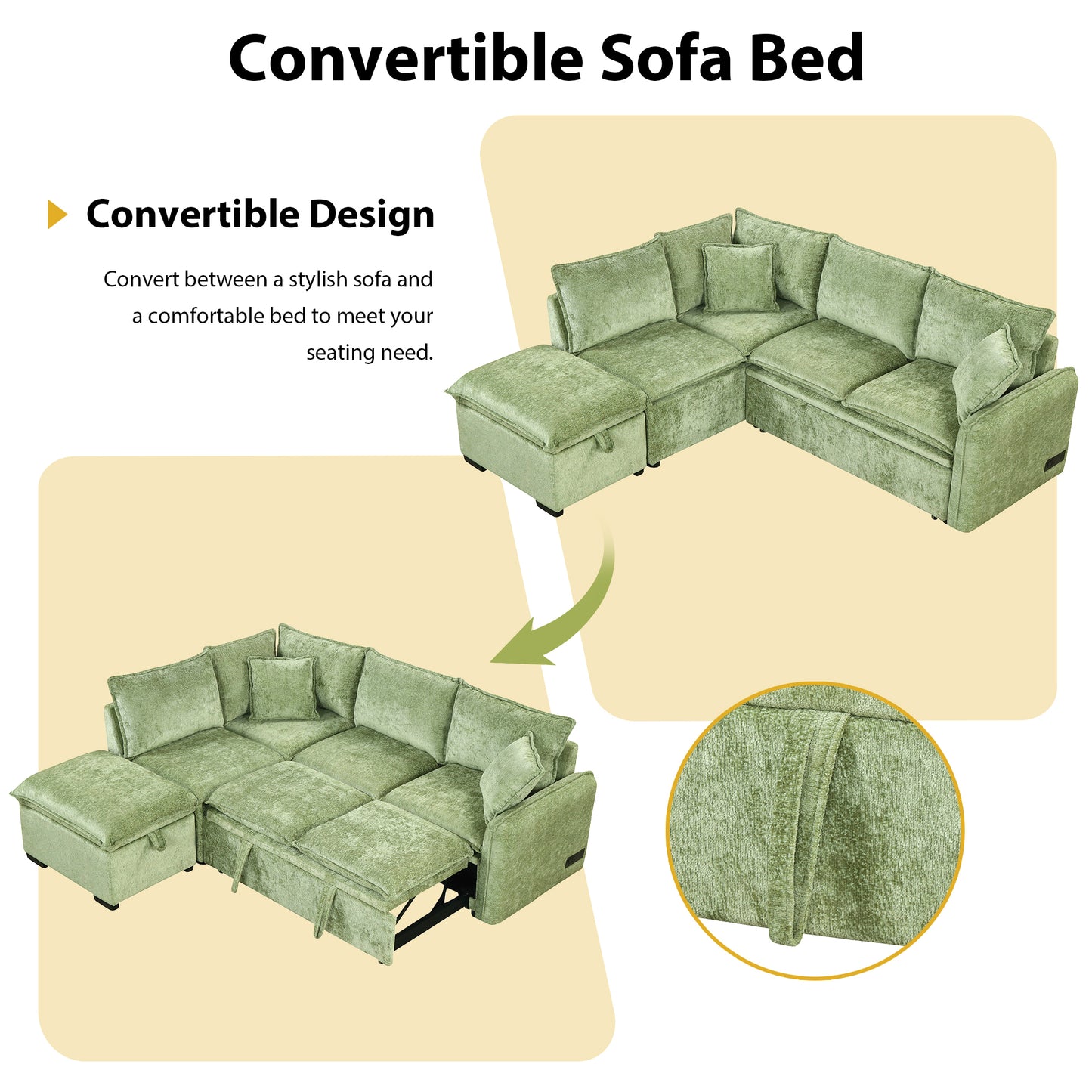 Cozy Green Convertible Sofa Bed with Storage & USB Charging