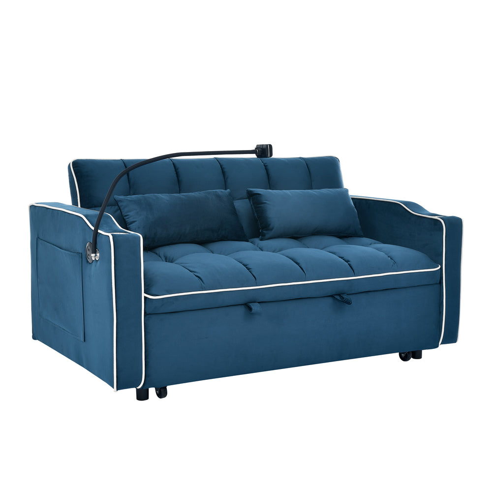 Blue Velvet Dream Sofa Bed: Foldable, Adjustable & USB-Ready