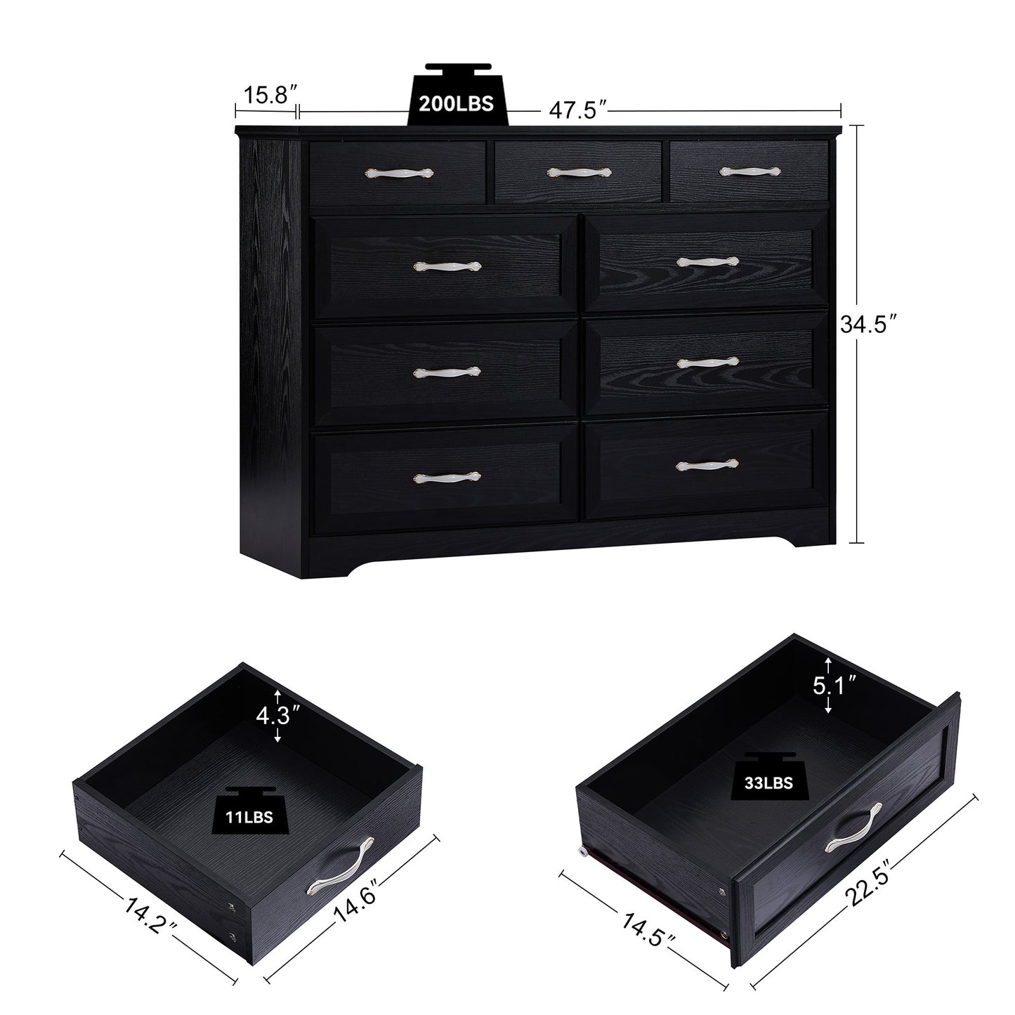 Charming Black 9-Drawer Dresser for Kids & Living Spaces