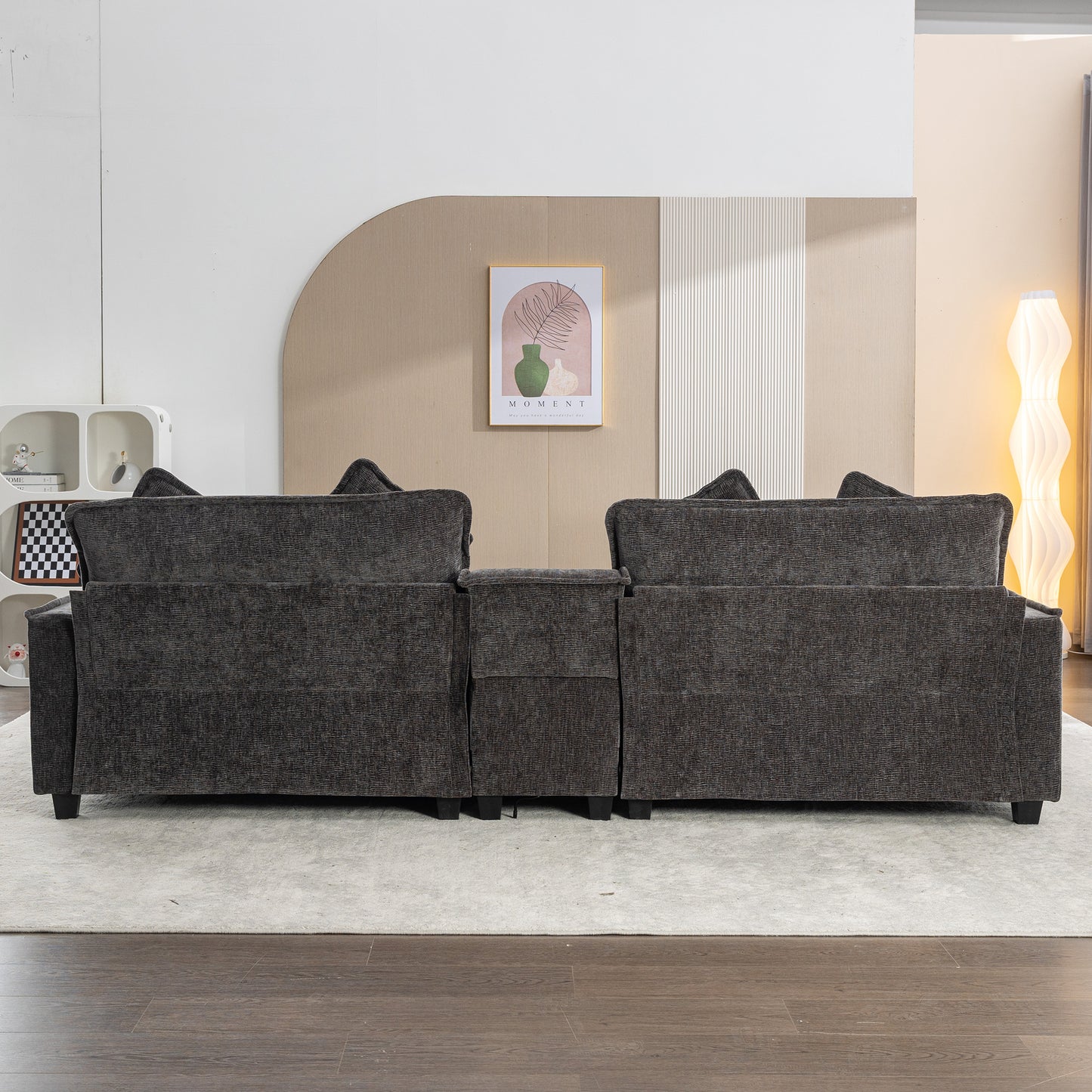 Cozy Black Chenille Sectional Sofa with Ottomans and USB Ports