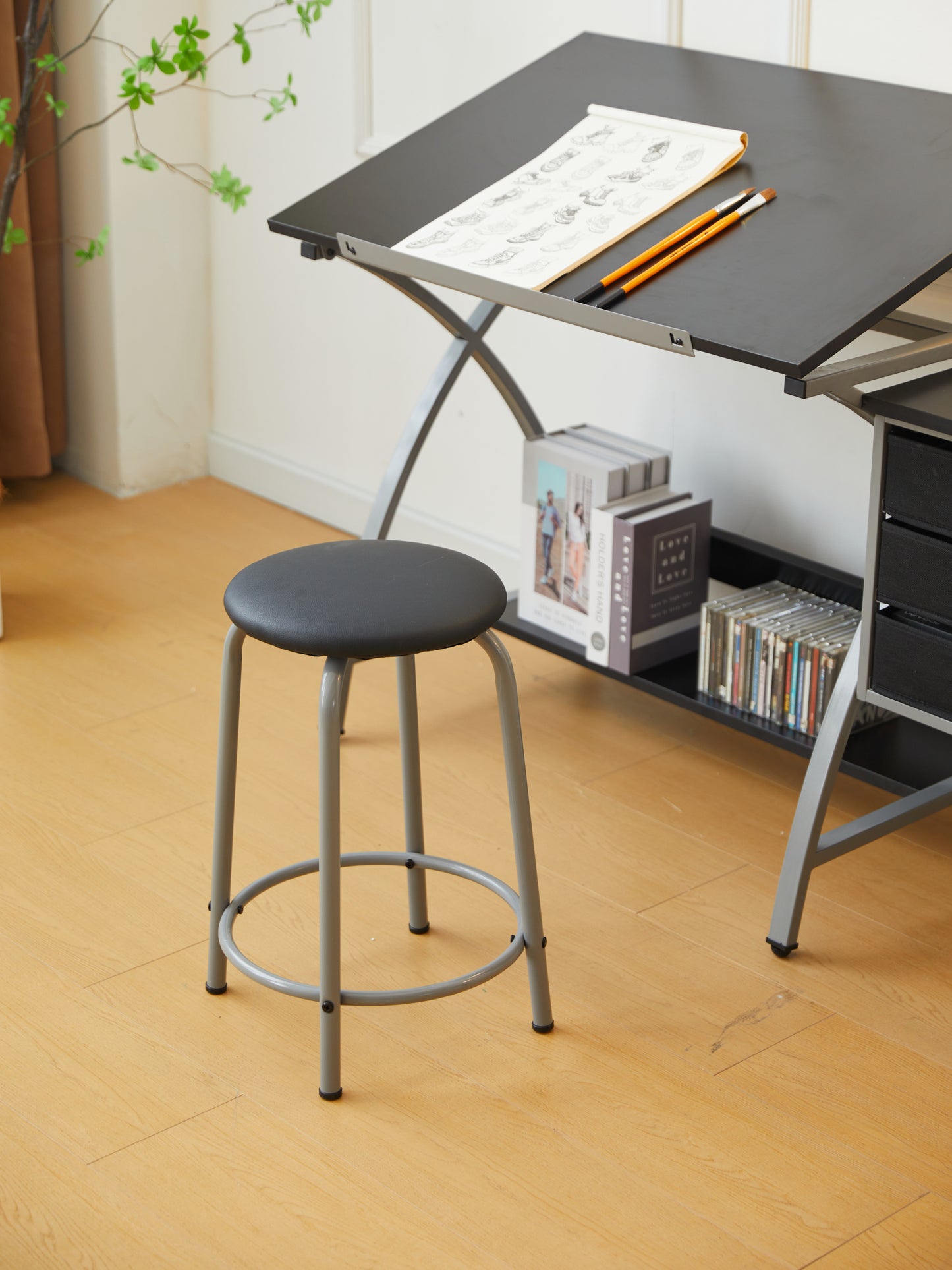 Sleek Drawing Desk with Stool