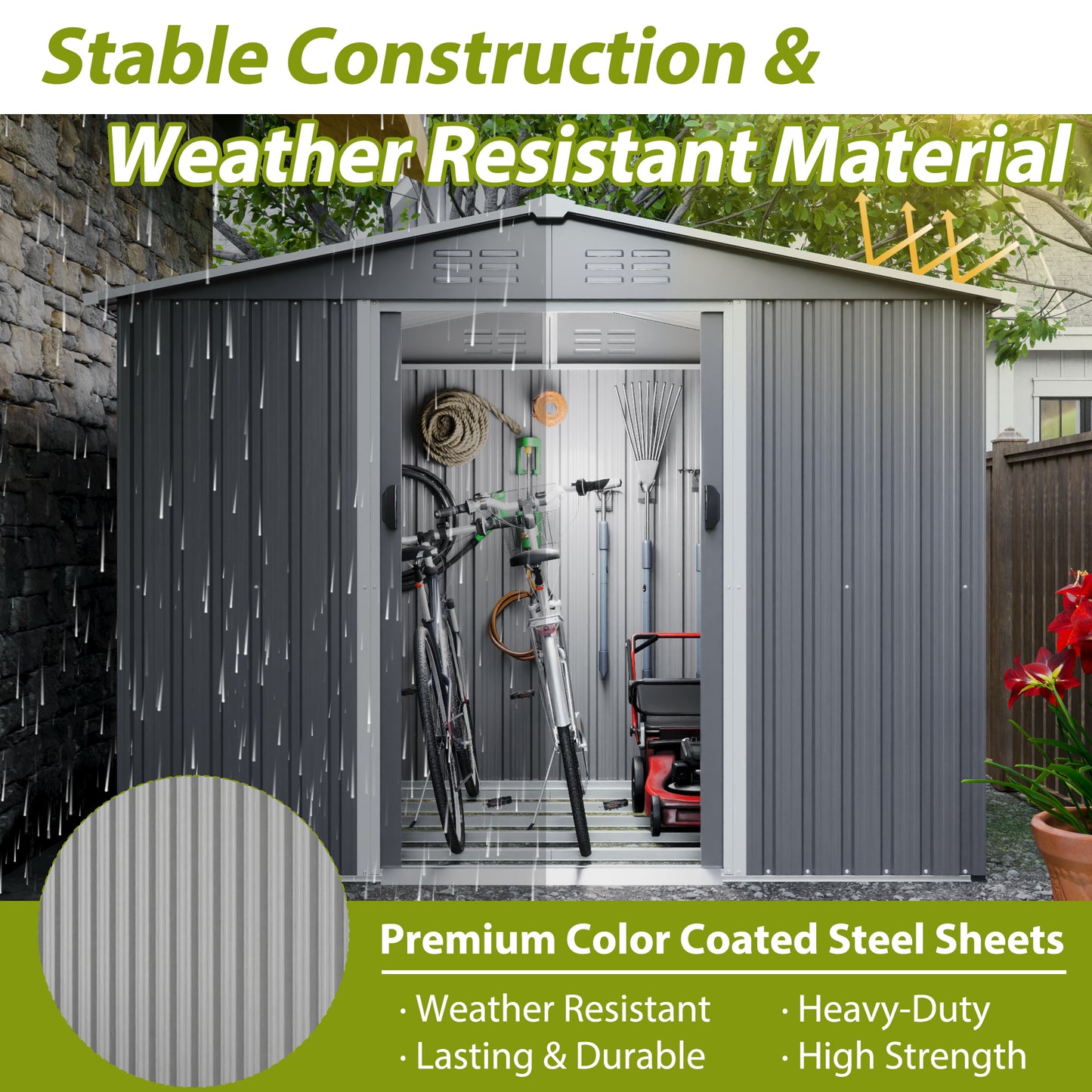 Gray Outdoor Tool Shed – Weatherproof Storage with Lockable Doors