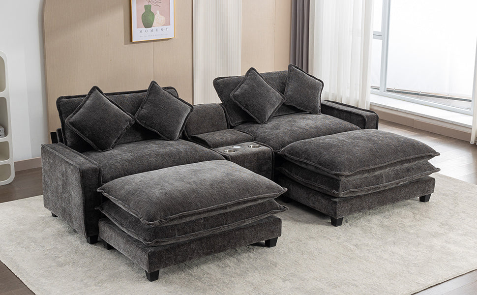 Cozy Black Chenille Sectional Sofa with Ottomans and USB Ports