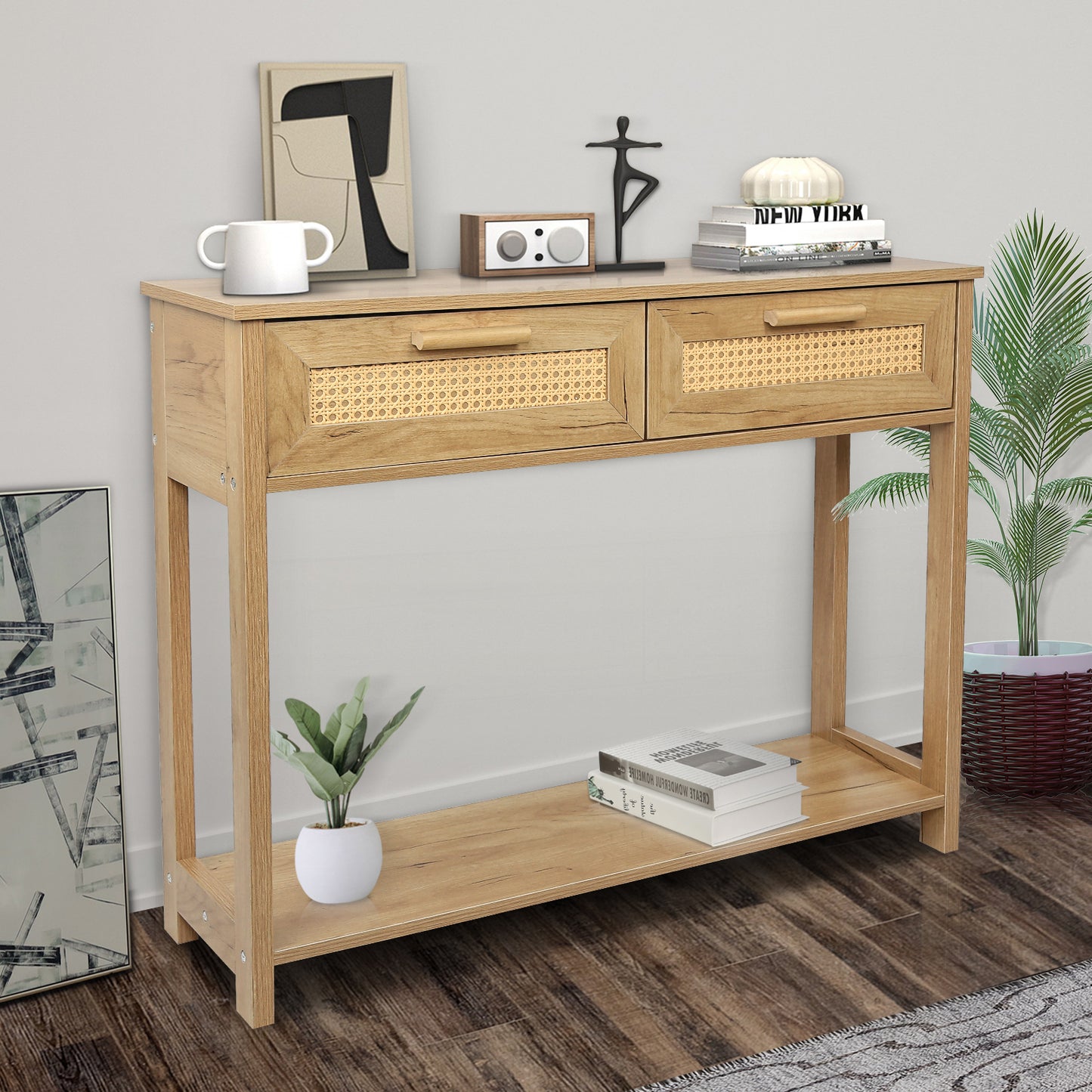 Chic Rattan Console Table with Storage