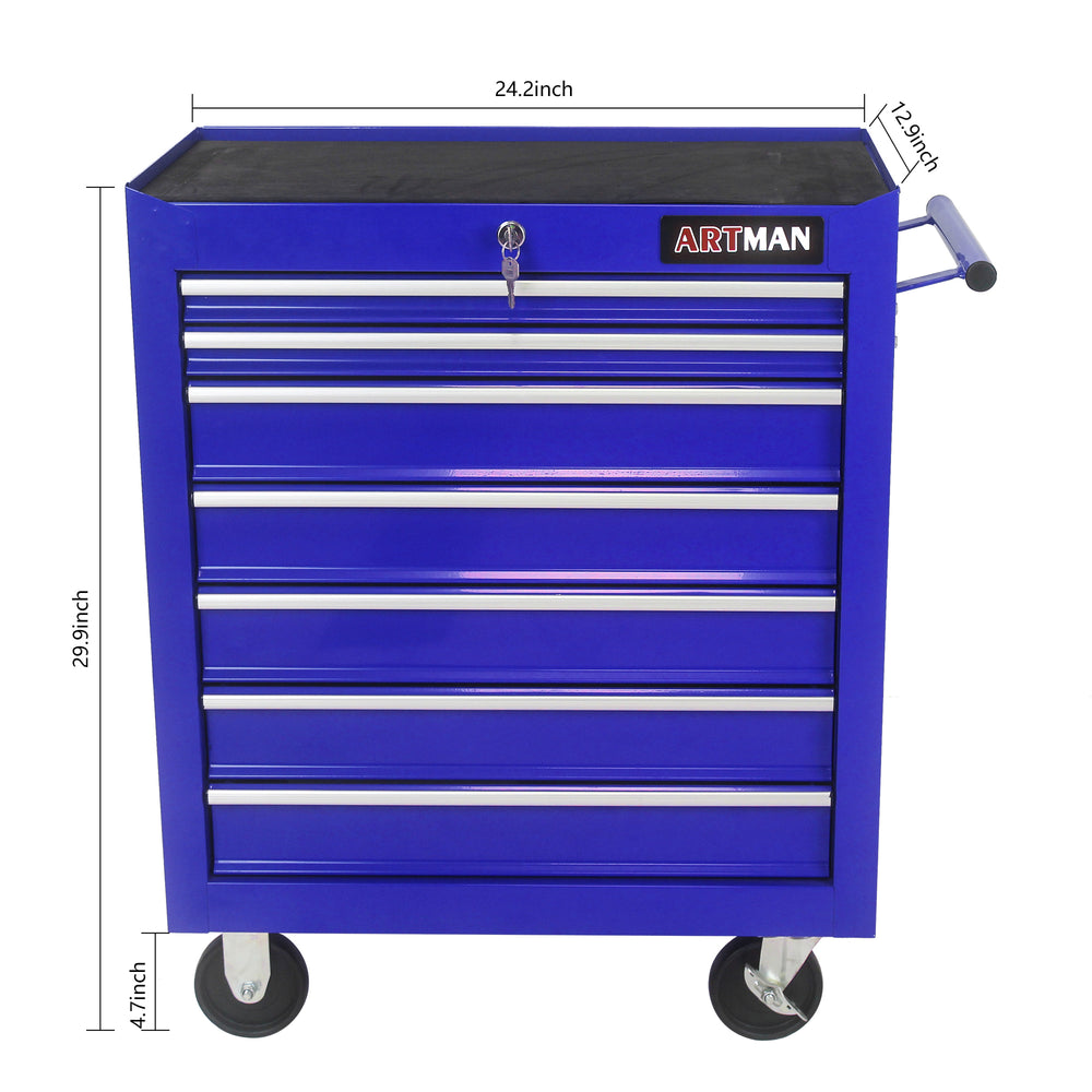 Blue Rolling Tool Cart with Seven Spacious Drawers