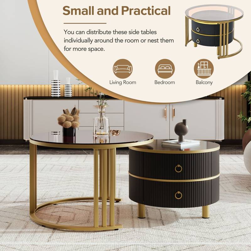 Chic Nesting Coffee Tables with Drawers - Sleek Round Design in Black and Brown Glass