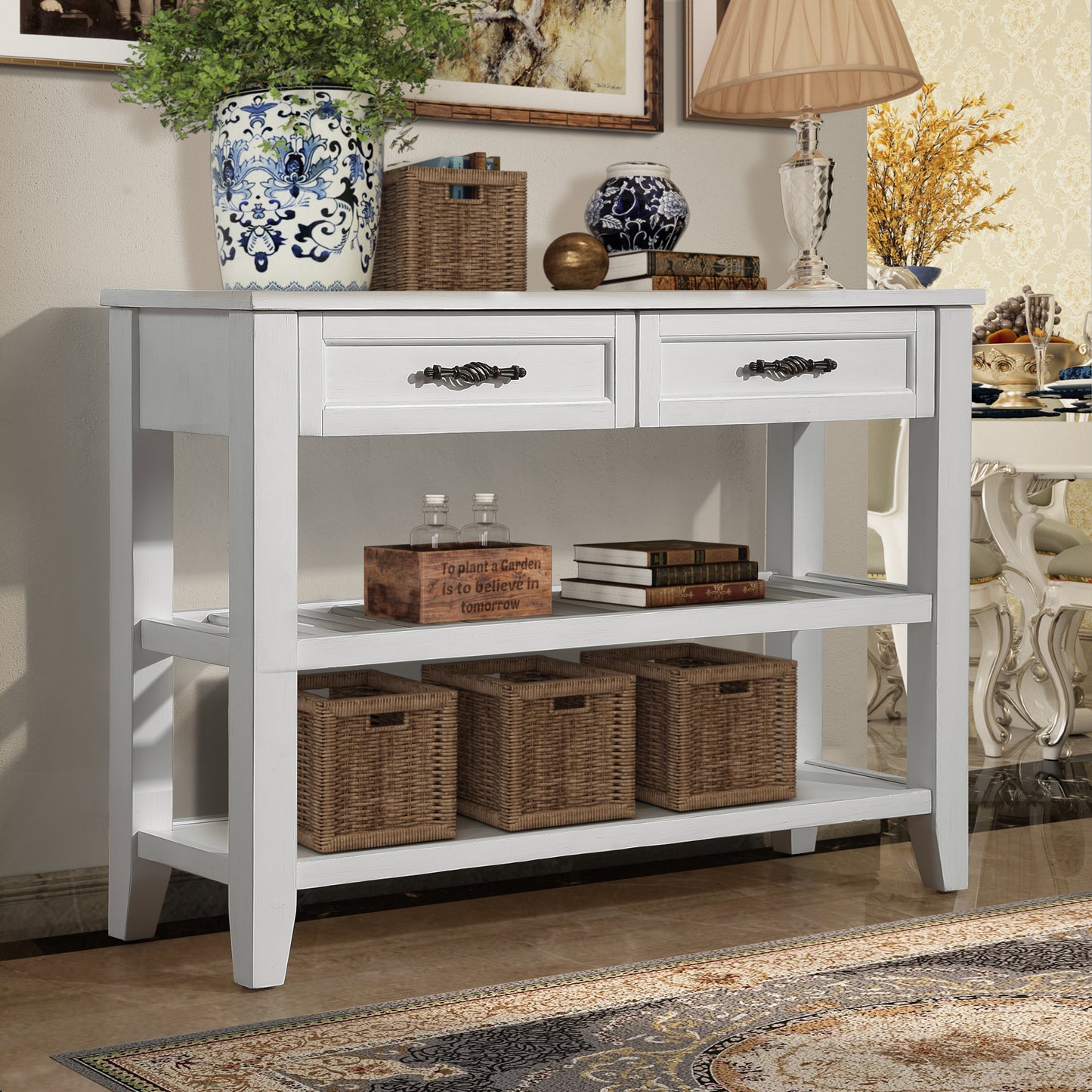 Charming Mid-Century Console Table with Drawers and Shelves