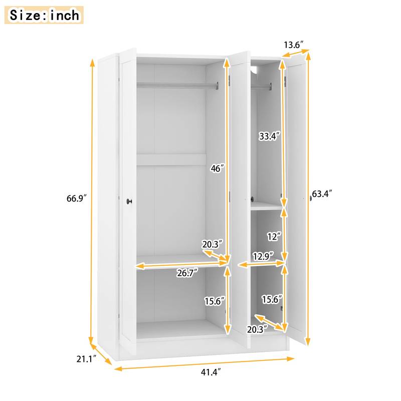 Chic White 3-Door Wardrobe with Shelves