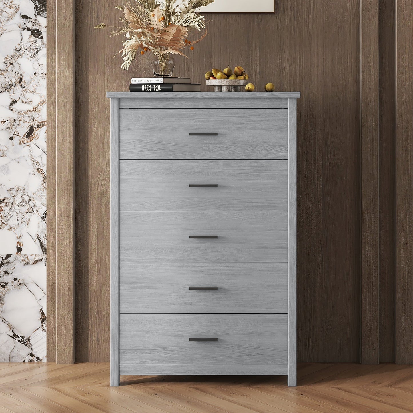 Rustic Charm Wooden Dresser with 5 Drawers in Light Gray