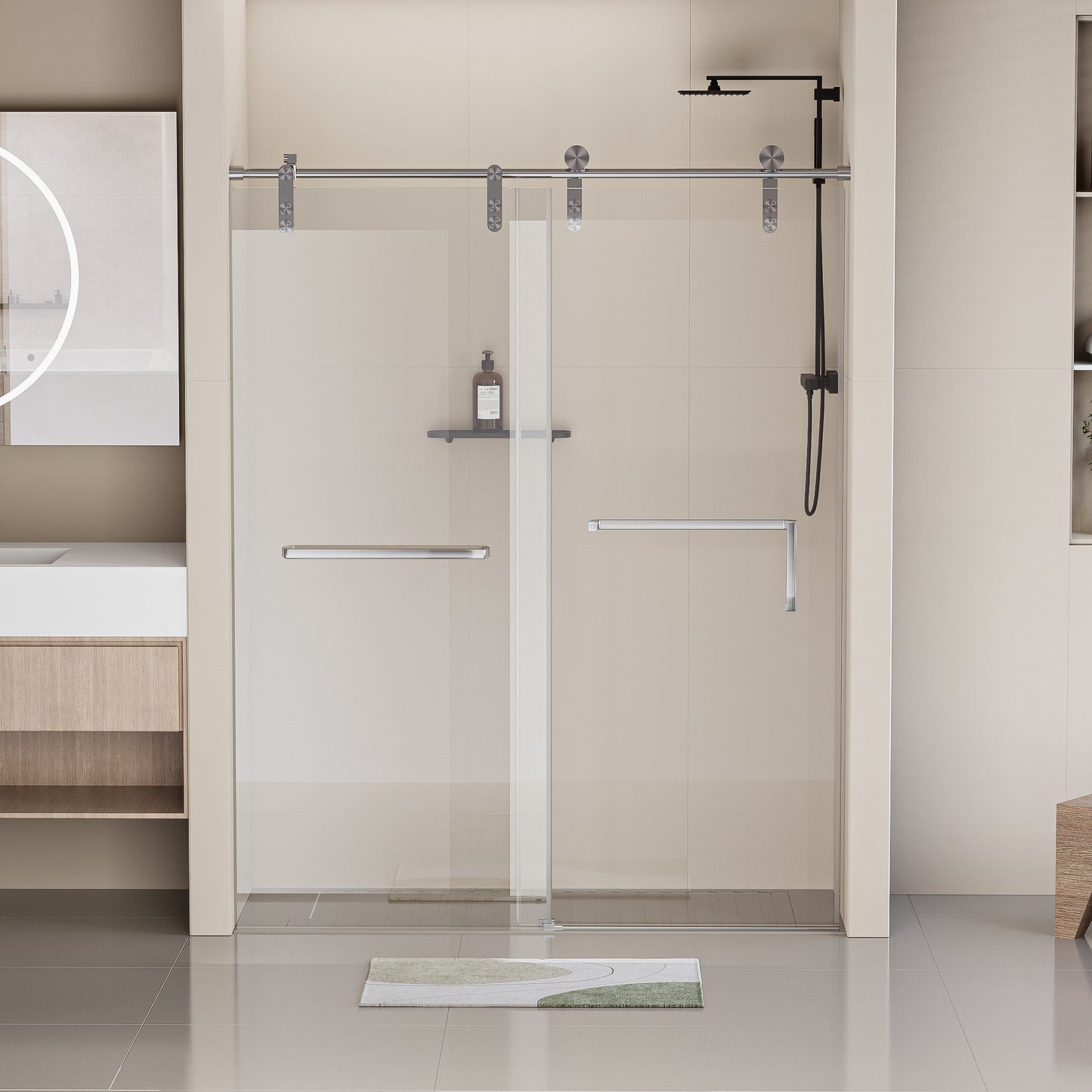 Sleek Sliding Frameless Shower Door with Tempered Glass and Brushed Nickel Hardware