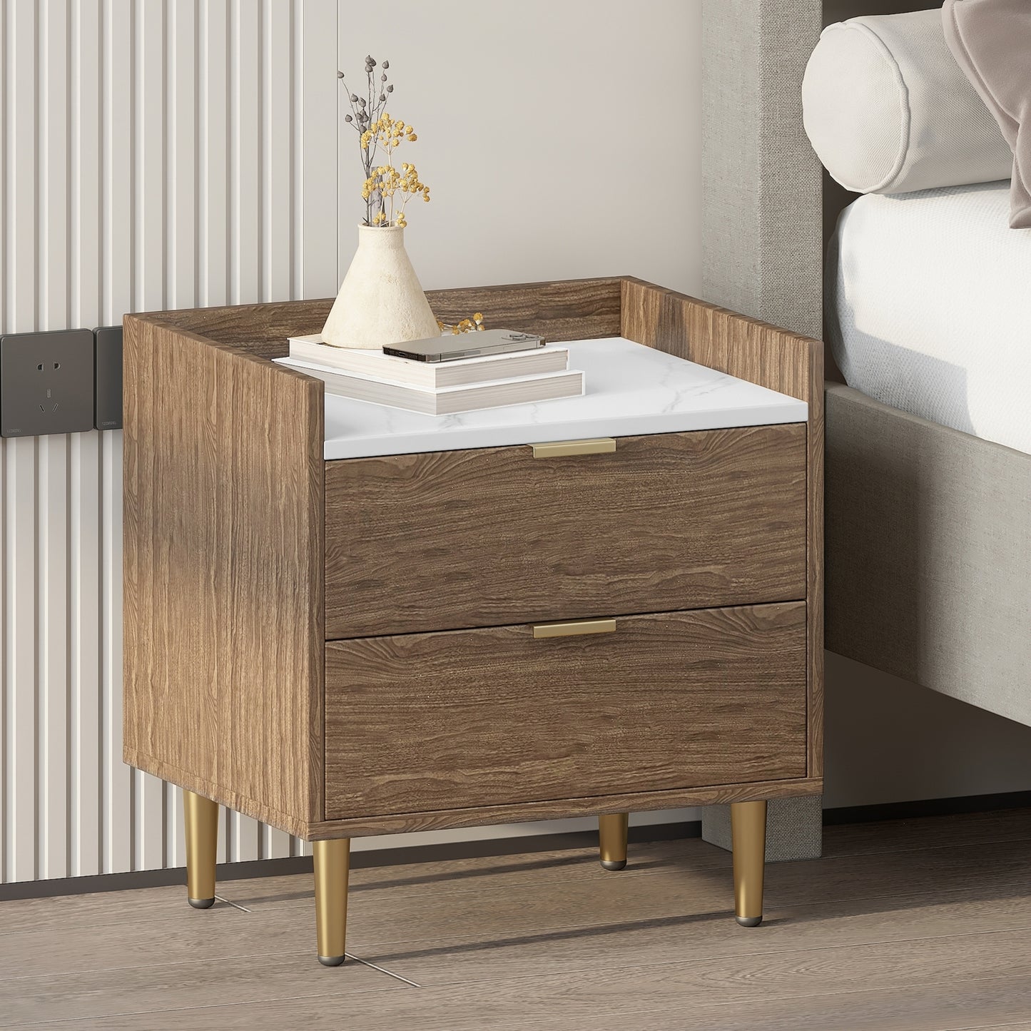 Chic Walnut Nightstand with Two Drawers and Marble Top