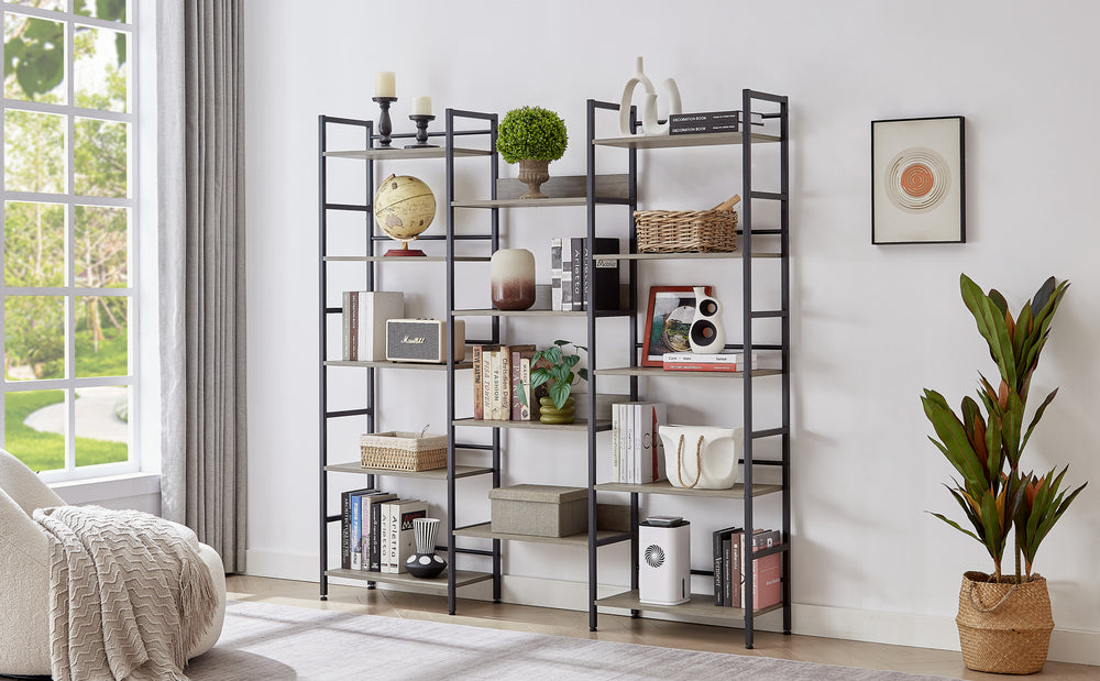 Industrial Triple Wide Wooden Bookshelf - Grey Retro Charm for Home & Office