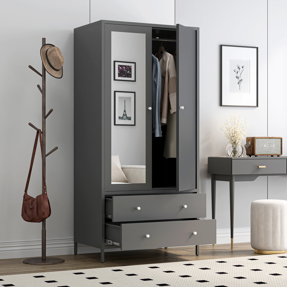 Sleek Metal Wardrobe with Mirror & Drawers