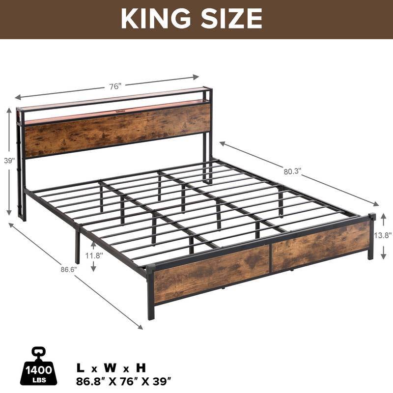 Rustic King Bed Frame with LED Lights and USB Ports