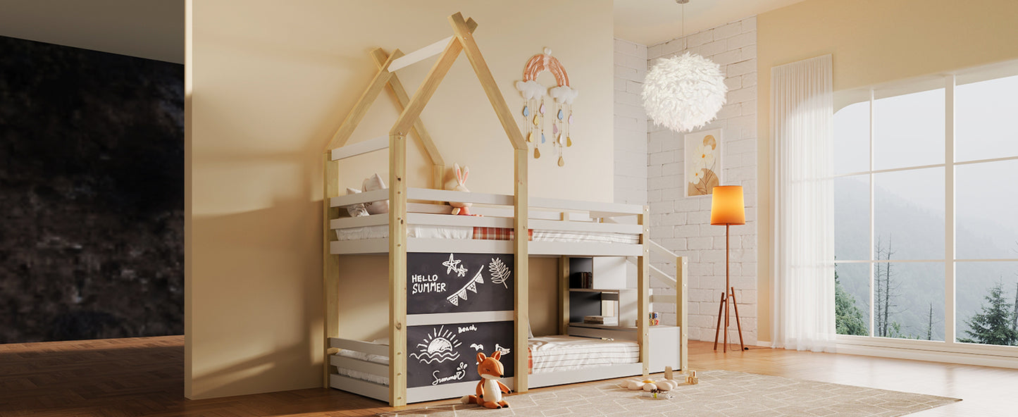 Cozy Twin House Bunk Bed with Storage Steps & 2 Fun Blackboards