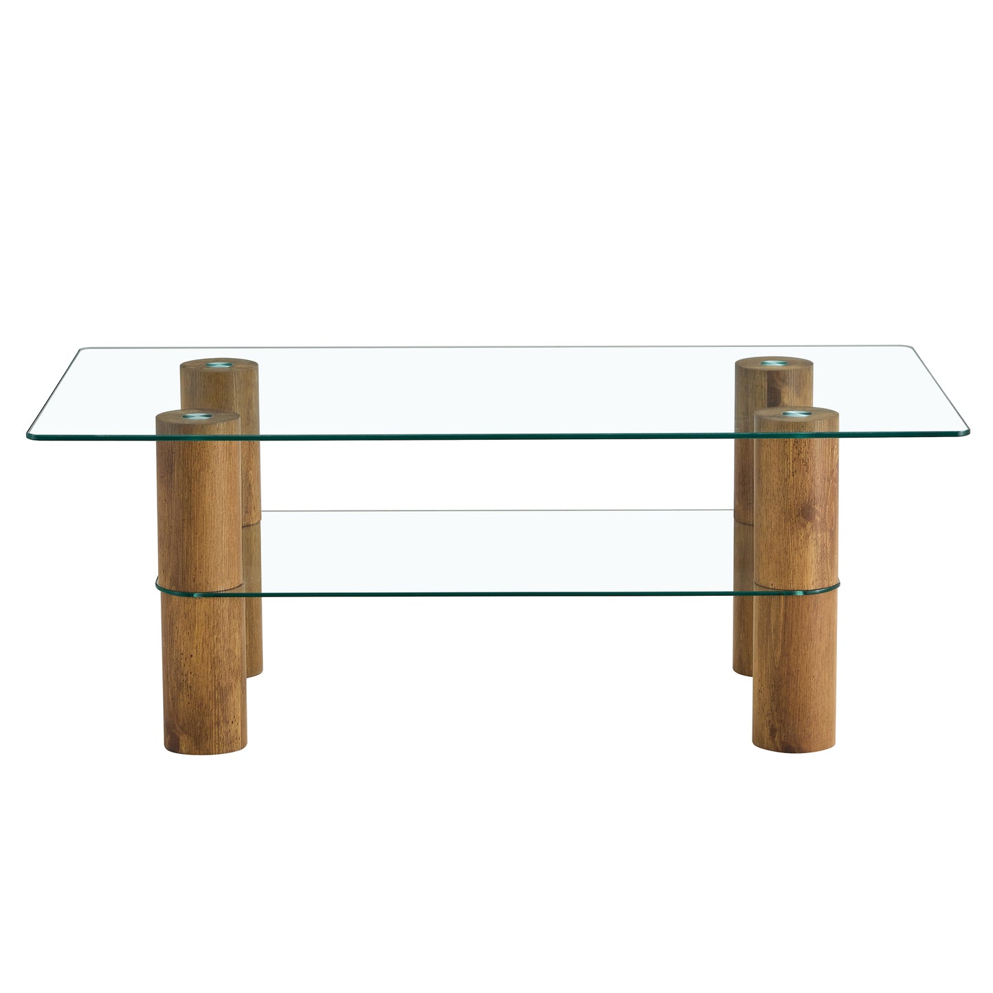 Sleek Dual-Layer Glass Coffee Table with Wooden Accents