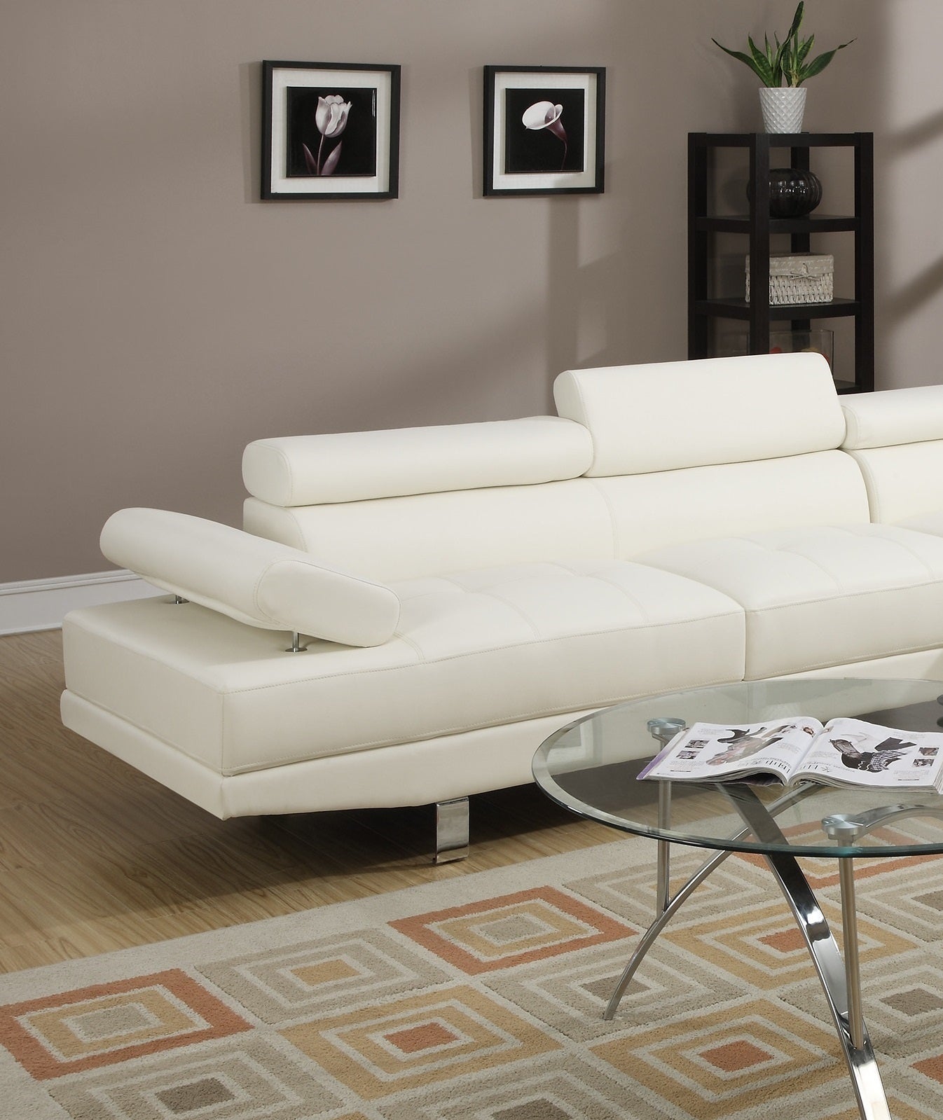 Stylish White Faux Leather Sectional Sofa with Adjustable Headrests