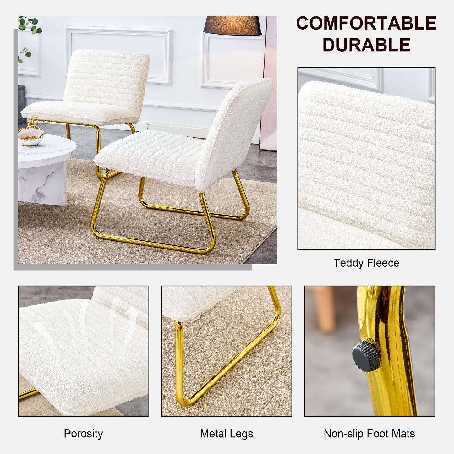 Chic White Armless Sofa Chair with Gold Legs