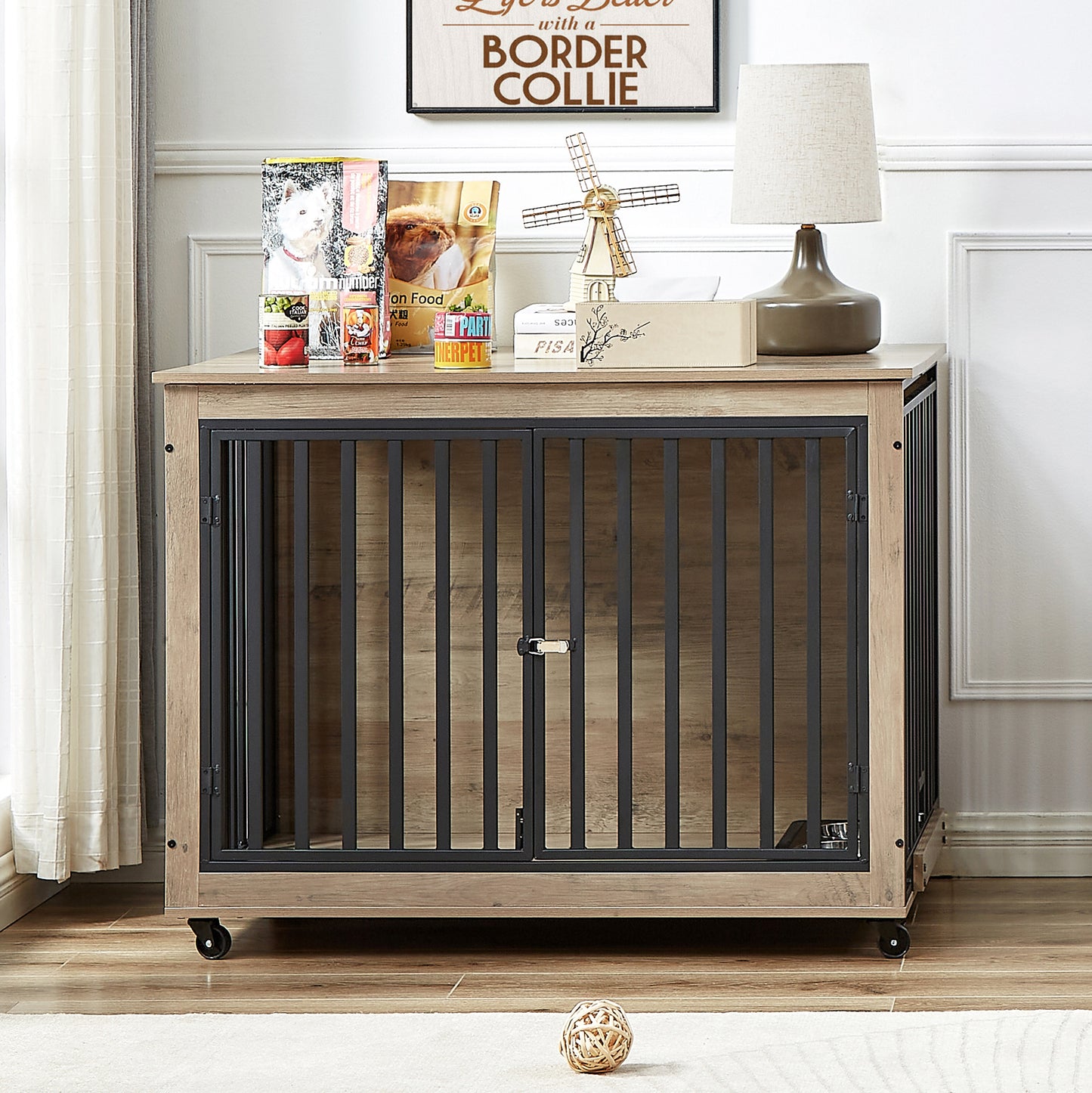 Cozy Retreat Dog Crate Table with Wheels & Feeding Bowls