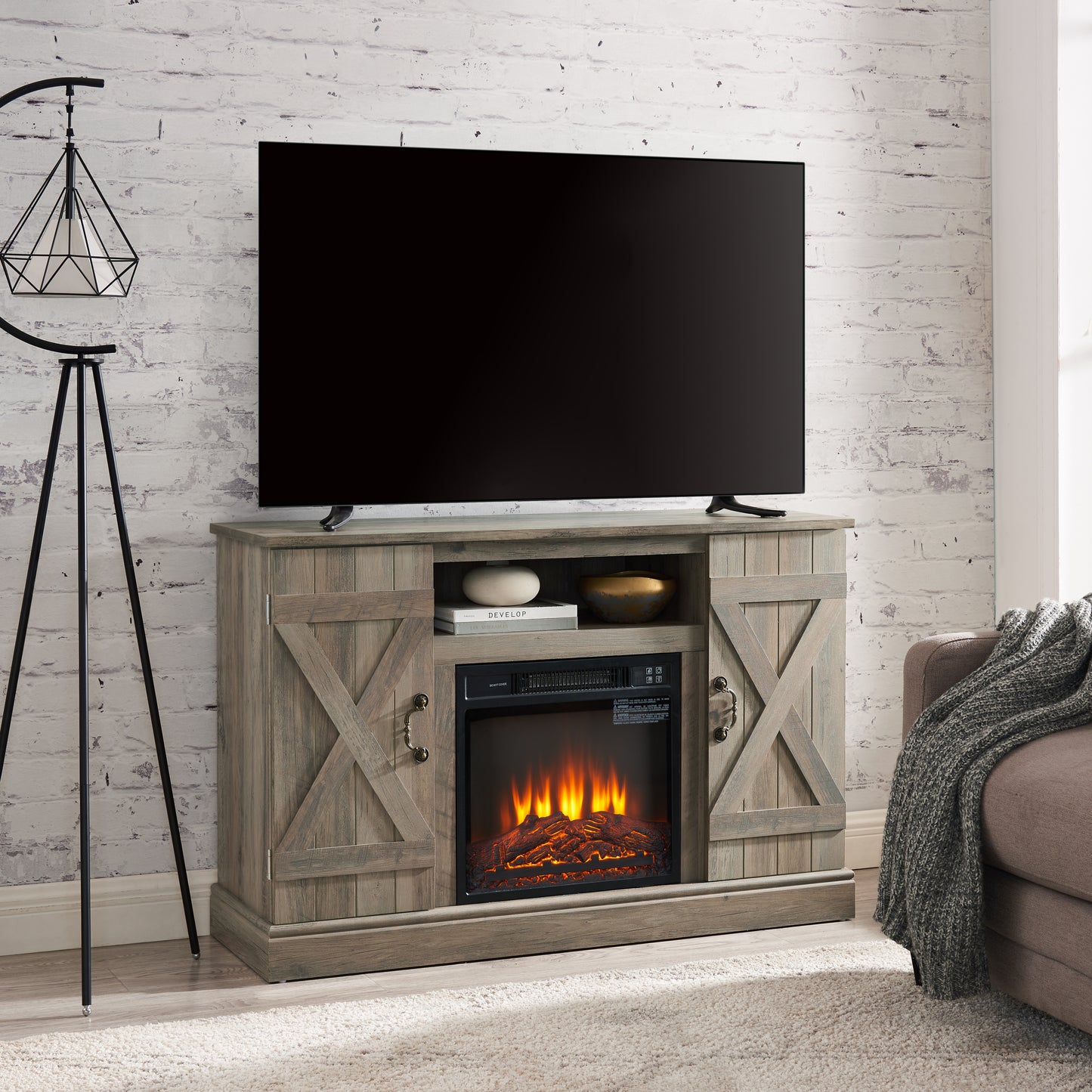 Cozy Farmhouse TV Stand with Electric Fireplace