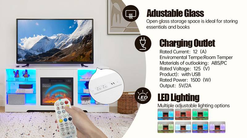 Modern Electric Fireplace TV Stand with LED Lights and USB Charging