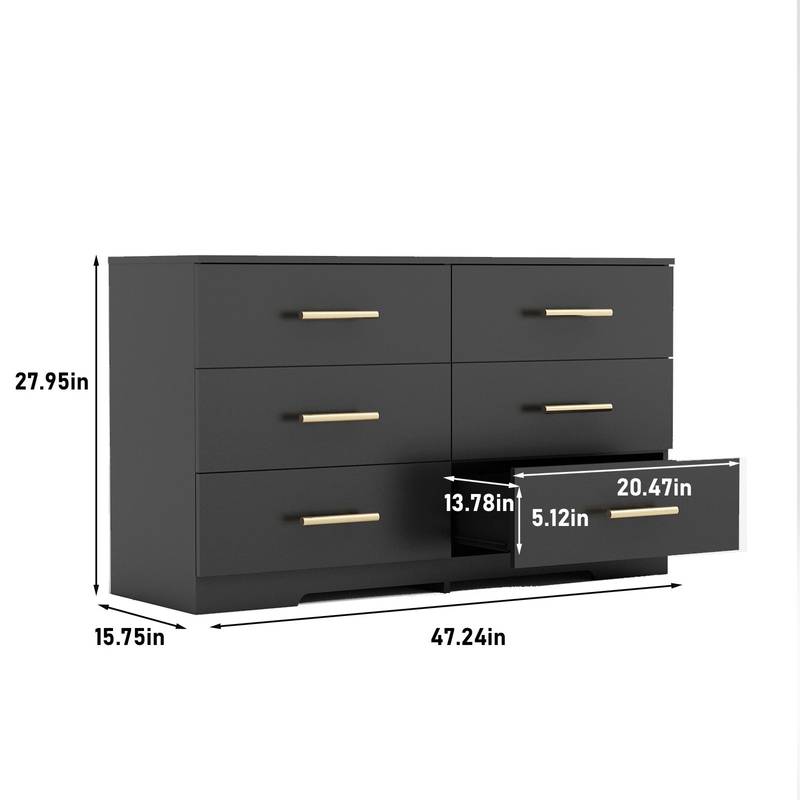 Elegant Black 6-Drawer Dresser with Gold Accents