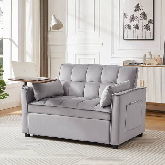 Chic Grey Velvet Sleeper Sofa with Table