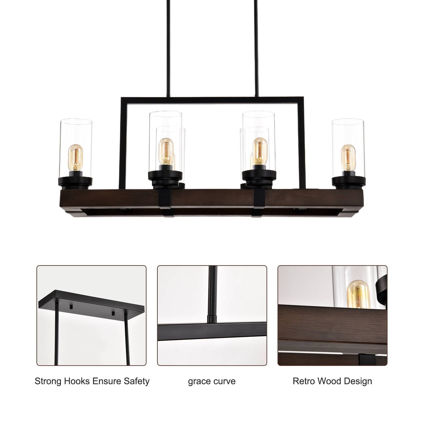 Modern Matte Black & Wood Chandelier - Adjustable 6-Light Pendant