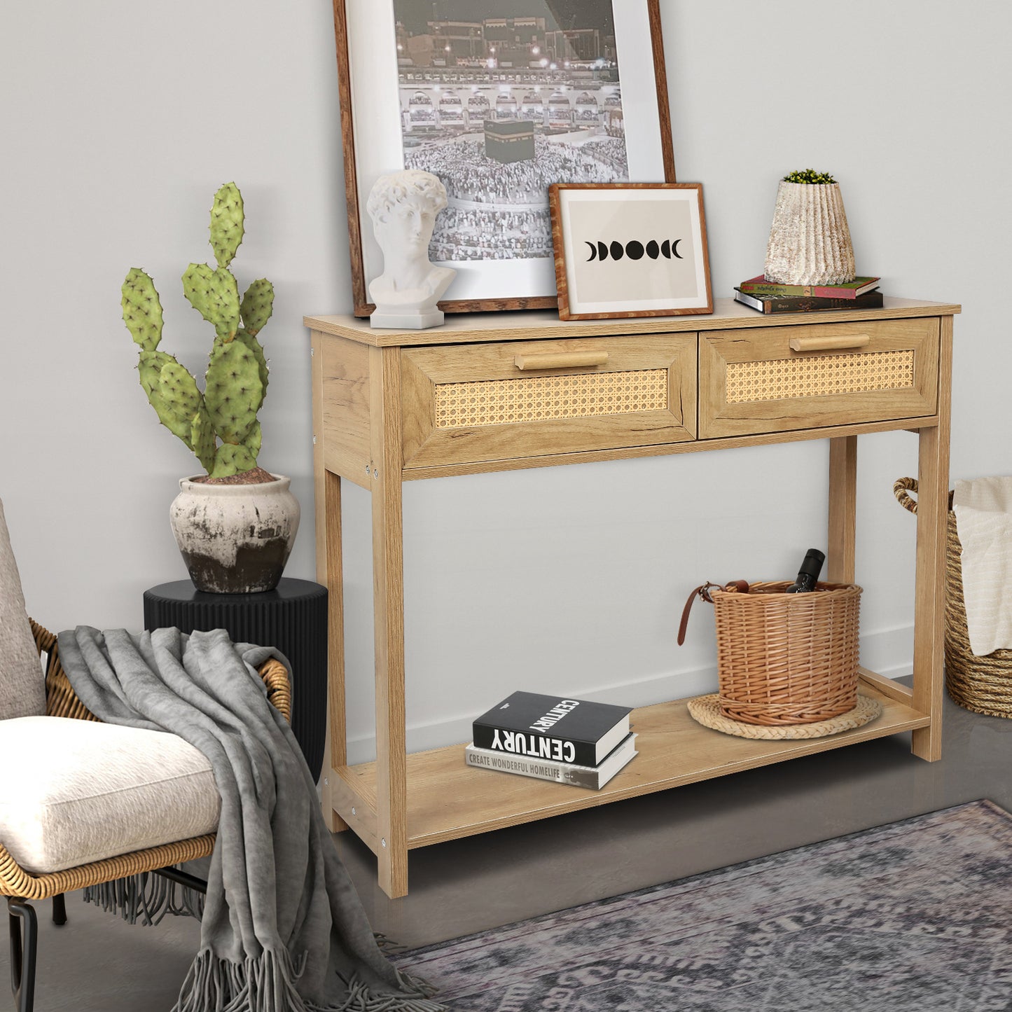 Chic Rattan Console Table with Storage