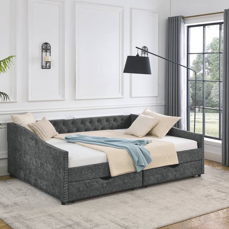 Chic Grey Queen Daybed with Storage Drawers
