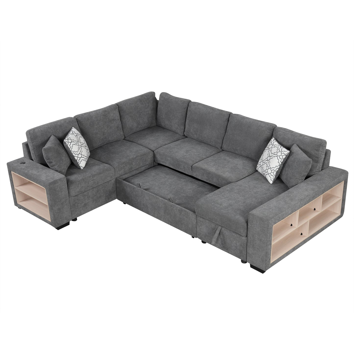 Cozy U-Shaped Sofa Bed with USB Ports & Storage Chaise